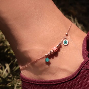 Nazar Boncuklu Pembe Mineli Yıldız Gümüş Halhal